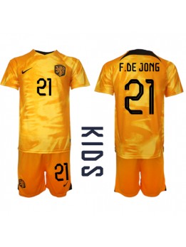 Niederlande Frenkie de Jong #21 Heimtrikotsatz für Kinder WM 2022 Kurzarm (+ Kurze Hosen)